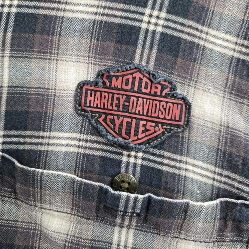 Harley-Davidson Men Button Up Shirt XL Black Plaid Flannel Wings Logo Western‎